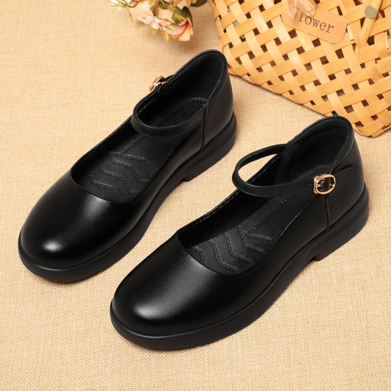 Женские черные туфли на мягкой подошве, одинарные туфли с ремешком-пряжкой, на плоской подошве, с круглым носком, рабочие женские кожаные туфли, женская обувь