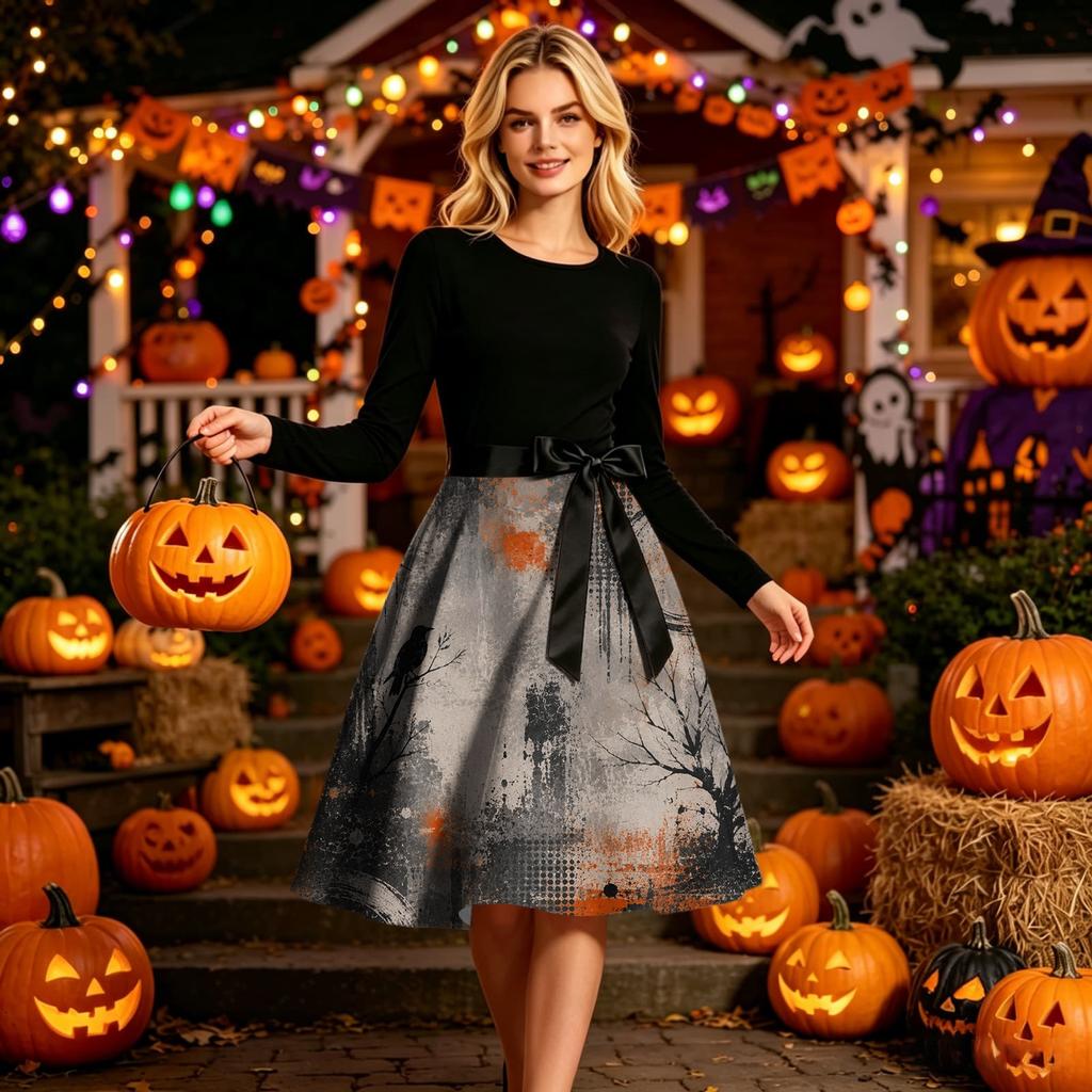 Women Crew Neck Halloween Print Dress Long Sleeve Casual Style A Line Midi Dress with Belt and Pattern Skirt