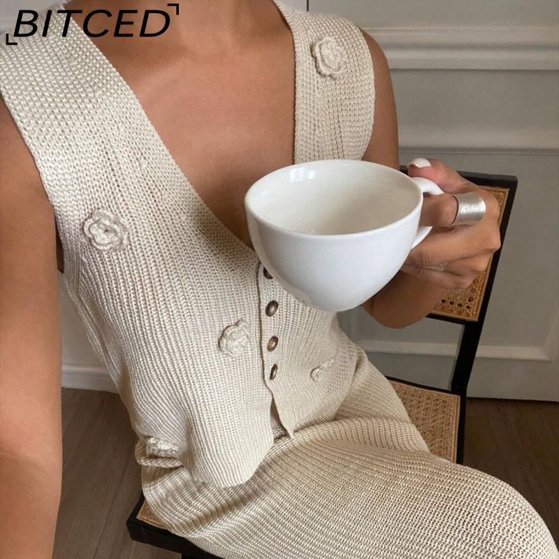 BITCED Весенне-летнее платье 3D с цветочным вязаным лифом, подчеркивающее талию, и комплект из двух частей с топом-жилетом без рукавов