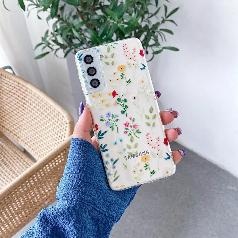 Милый Чехол для Телефона с Рисунком Цветов для Samsung S25 S24 S22 S21 FE Ультра Прозрачные Силиконовые Чехлы для Samsung Galaxy S23 Plus Ultra
