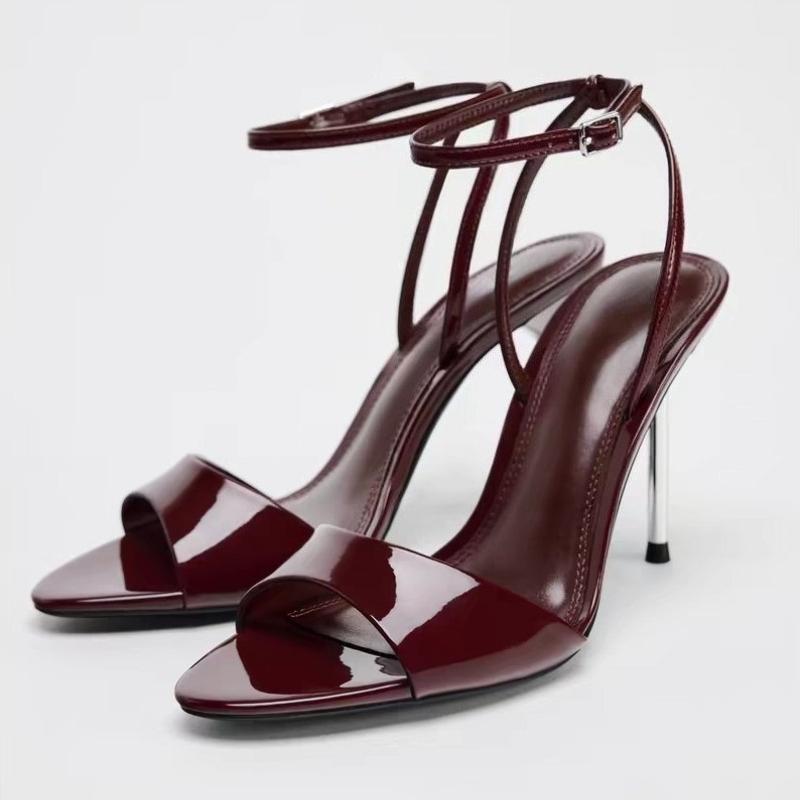 Fashion Elegant Round-Toe Ankle Buckle Design High-Heel Sandals Women High-Quality Patent Leather Brand Heels Sexy Open-Toe Dress Shoes