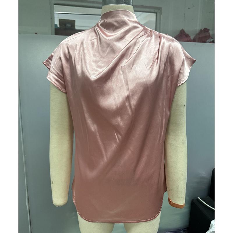 Новая летняя плиссированная повседневная рубашка с круглым вырезом и коротким рукавом для женщин, модные элегантные топы, облегающие однотонные свободные женские блузки, простые женские рубашки 26524