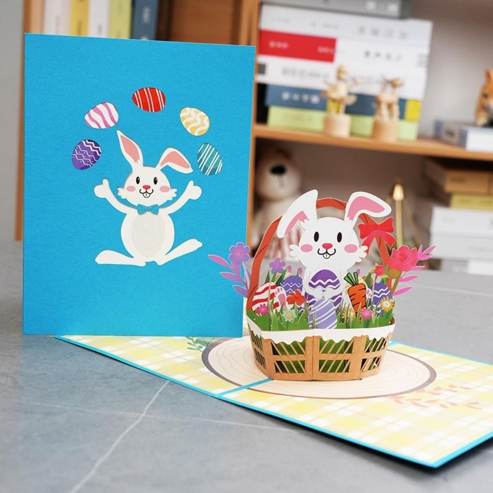 Folding 3D Popup Easter Card with Envelope Paper Arts Celebration Card Colorful Hand Carved Rabbit Egg Gifts Card Holiday Gifts