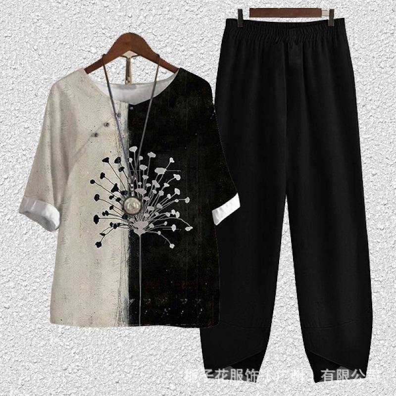 1116 new women's clothing, casual round neck five-quarter sleeve top, digital printing women's two-piece suit