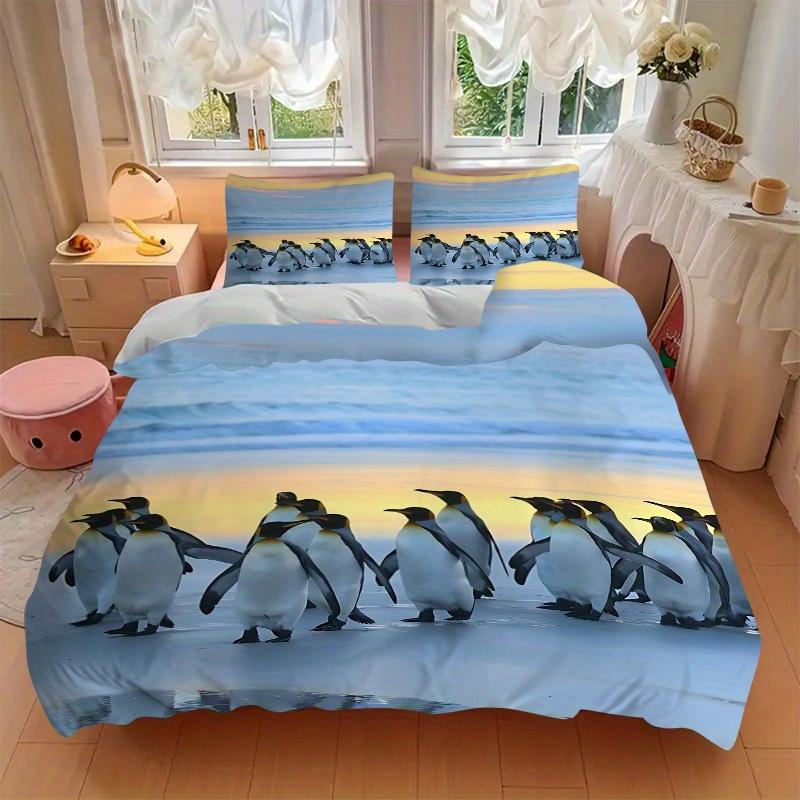 3pcs set Penguin Beach 1 Quilt Cover + 2 Pillowcases, All Seasons Bedroom Setting, Perfect for Home and Dorm Decor a160