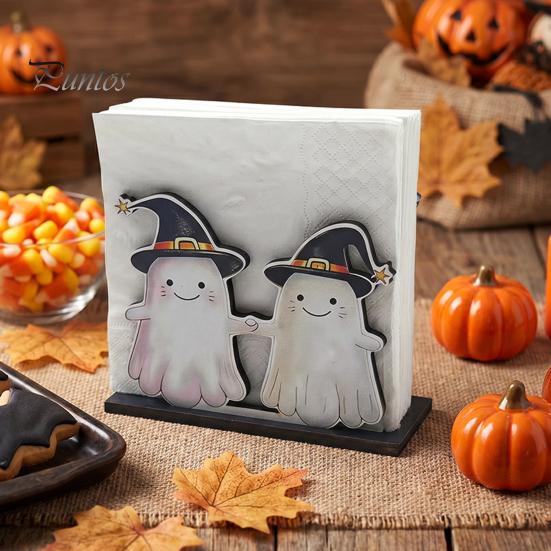 Розовая тыква Декор стола Хэллоуин Деревянный держатель для салфеток, Милый пастельный привидение Черная кошка Настольный диспенсер для бумажных полотенец, Водонепроницаемые декоративные бумажные полотенца