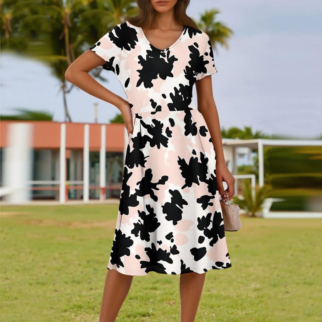 Ladies Summer Fashion Casual Floral Print V-Neck Short Sleeve Pocket Dress