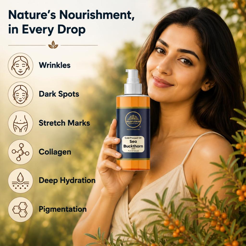 Wildflower Essentials Масло облепихи Холодного отжима Богатое Омега 3,6,7,9 для Кожи Лица, Волос и Тела Увлажнение Чистое и Натуральное (50мл)