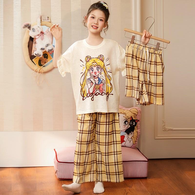 Girls Lyocell Cotton Short Sleeve 3-Piece Pajama Set Cartoon Print Lightweight Sleepwear Kids 8