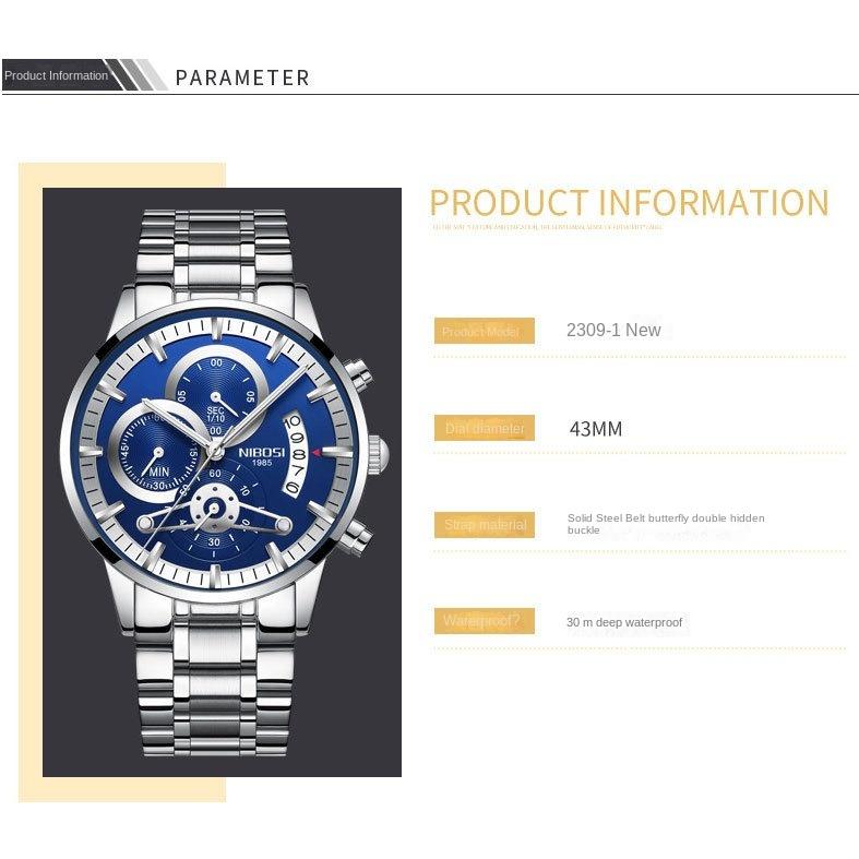 NIBOSI новые мужские часы с твердым стальным ремешком, водонепроницаемые кварцевые часы со стеклом и покрытием, светящиеся в темноте, 3 глаза, 6 контактов