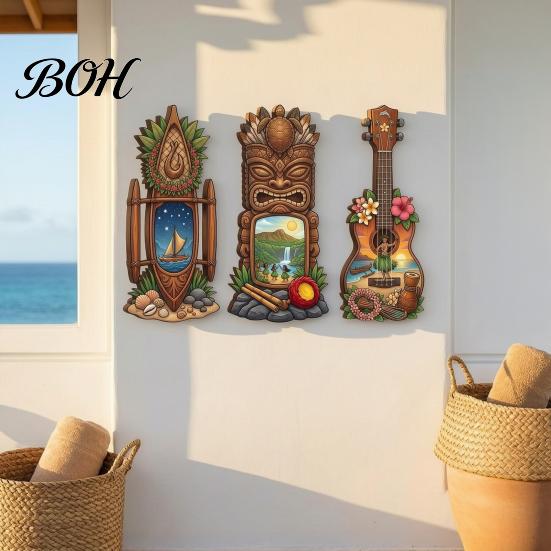 Three-piece Pendant Set 3Pcs Hawaiian Tiki Wooden Wall Hanging Sign, Tropical Surf Coastal Art, Art Exquisite Plaque for Home Bar Patio Decor