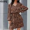 Женская мода с леопардовым принтом, лето, весна, повседневные платья с длинным рукавом и v-образным вырезом с высокой талией