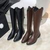 Модные женские сапоги до колена Модные повседневные рыцарские сапоги V-образный вырез Острый носок Кожаные сапоги Облегающие длинные сапоги Botas Mujer