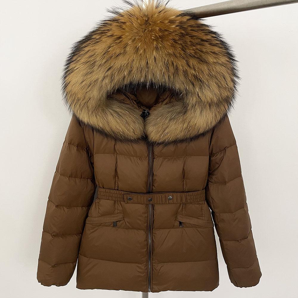 OFTBUY 2024 Winter Jacket Women Natural Real Raccoon Fox Fur Collar Hooded White Duck Down Coat Belt Thick Warm Casual Outerwear