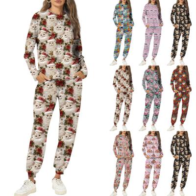 Комплекты для женщин из 2 предметов: футболки с круглым вырезом и длинным рукавом, принтованные спортивные брюки с карманами