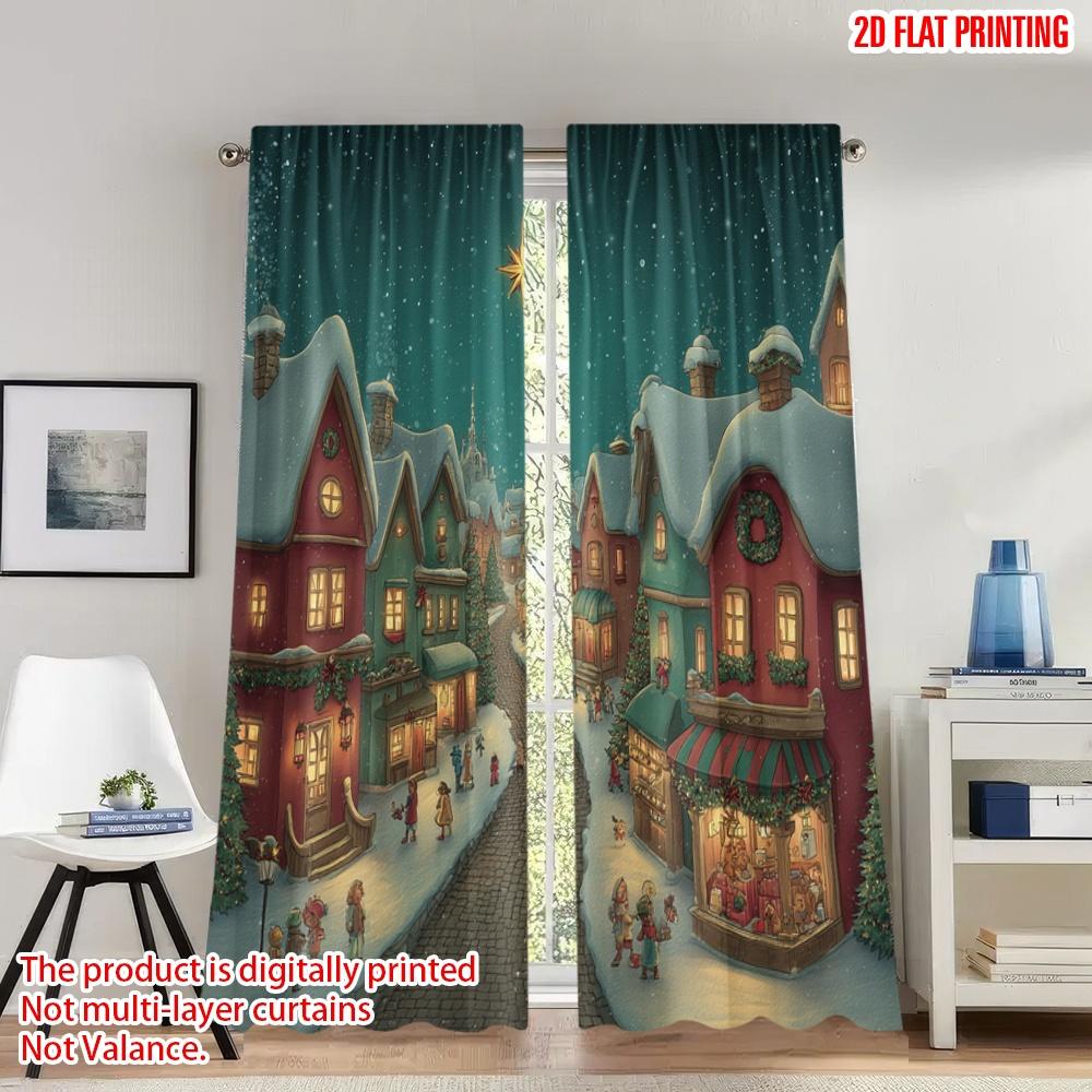 2pcs 2D flat printing Christmas Hot Party Curtains Christmas Village Snow Town Scene Digital Printed Polyester Drapes Birthday
