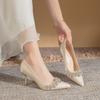 French Rhinestone Apricot Satin High Heels Women's Xiuhe Wedding Dress Bridal Shoes Two Wear Light Mouth Thin Heels Not Tired Feet Single Shoes