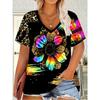 Women's V-Neck T-Shirt Rainbow 3D Floral Leopard Print Short Sleeve Casual Summer Ladies Top