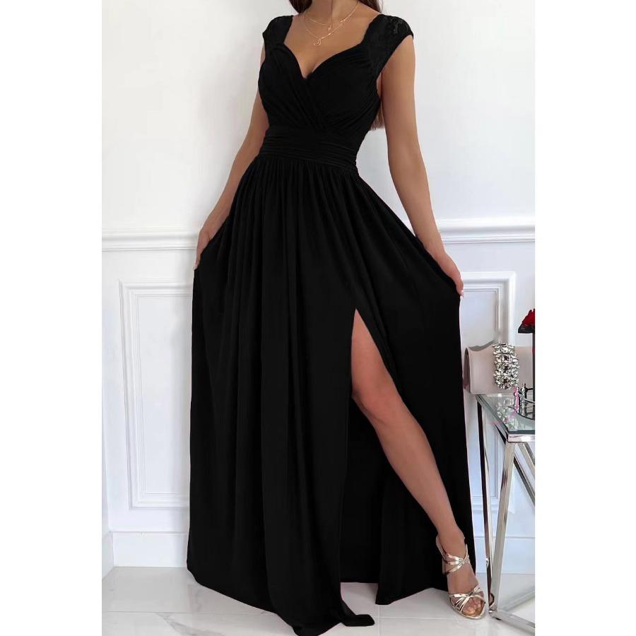 Spring Autumn Fashion Sexy Elegant Lace Patchwork Long Dress Women V Neck Solid Split Maxi Dresses