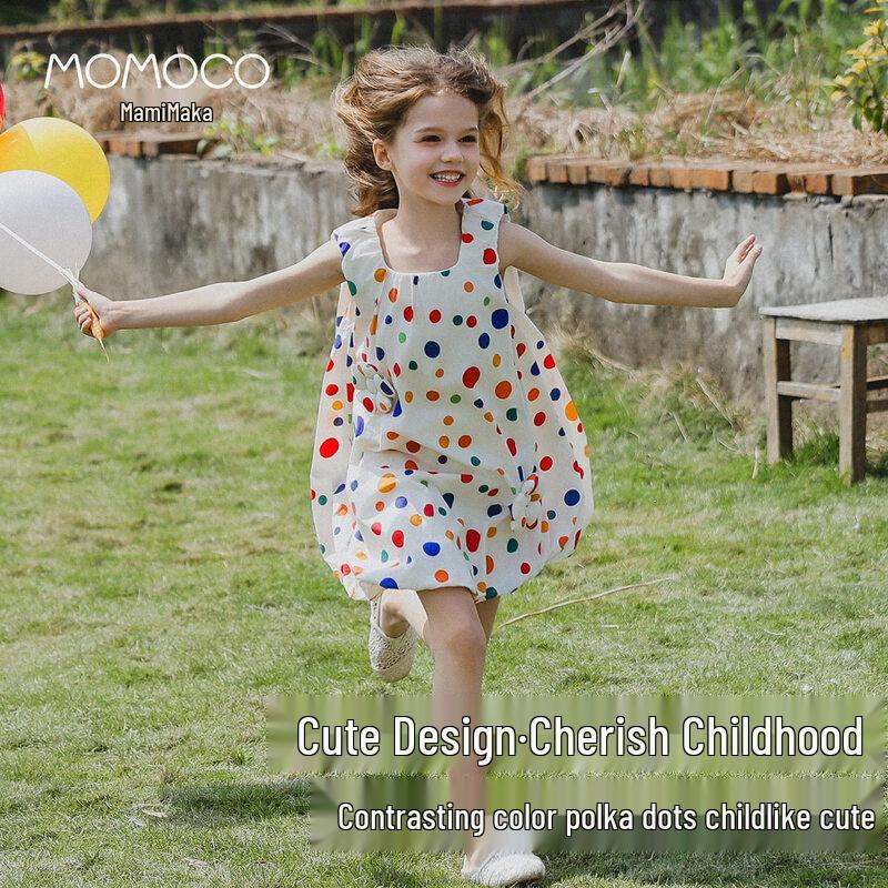 MOMOCO Girls' Polka Dot Sleeveless Cotton A-Line Dress
