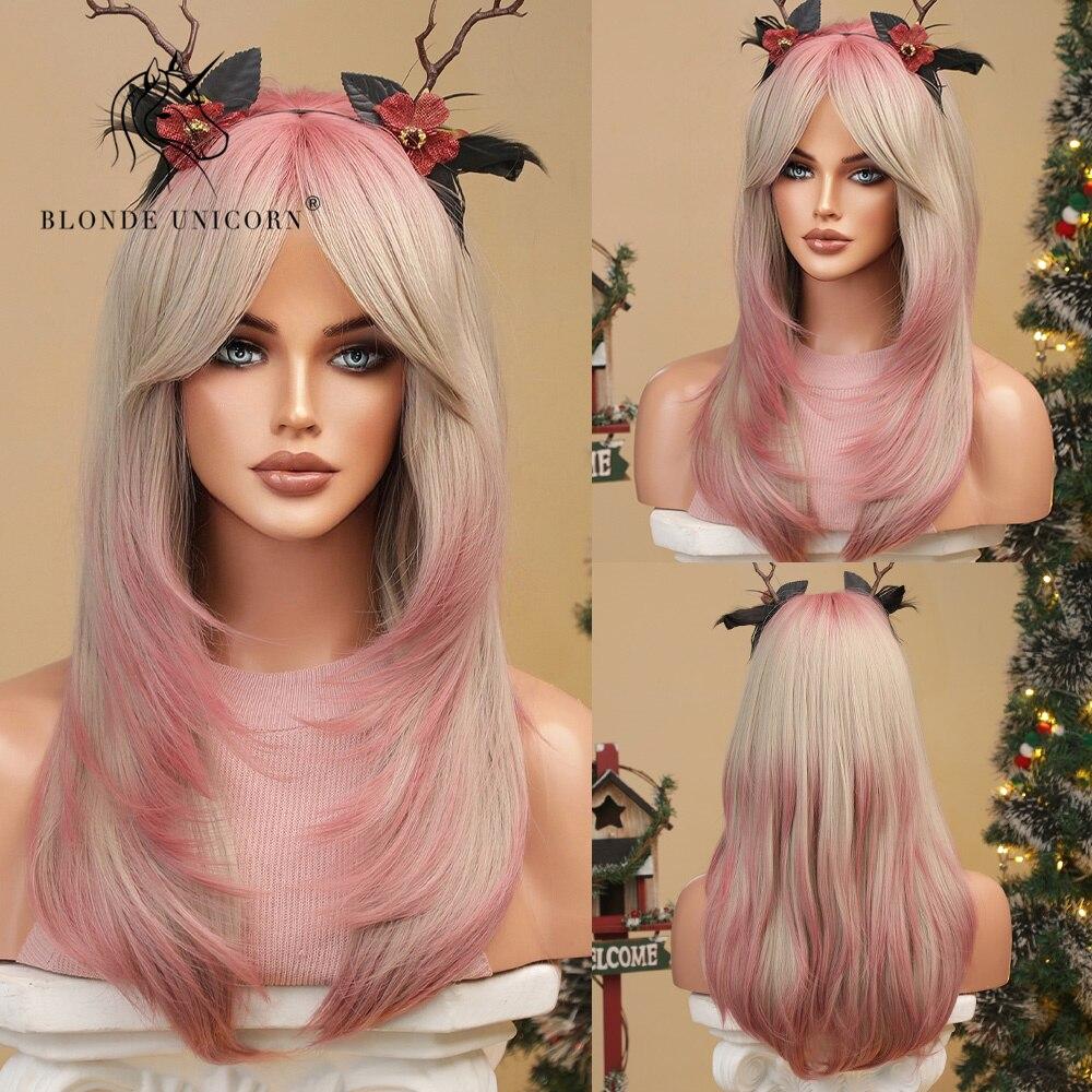 BLONDE UNICORN Синтетический средний длинный прямой парик с омбре розовым блондом для женщин, парики для косплея на Хэллоуин, термостойкие накладные волосы