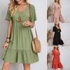 Women Dress V Neck Pleated Hem Short Sleeves Pullover Elegant Casual Wear Solid Color Midi Dress Summer Loose Beach Dress Vacation Clothing