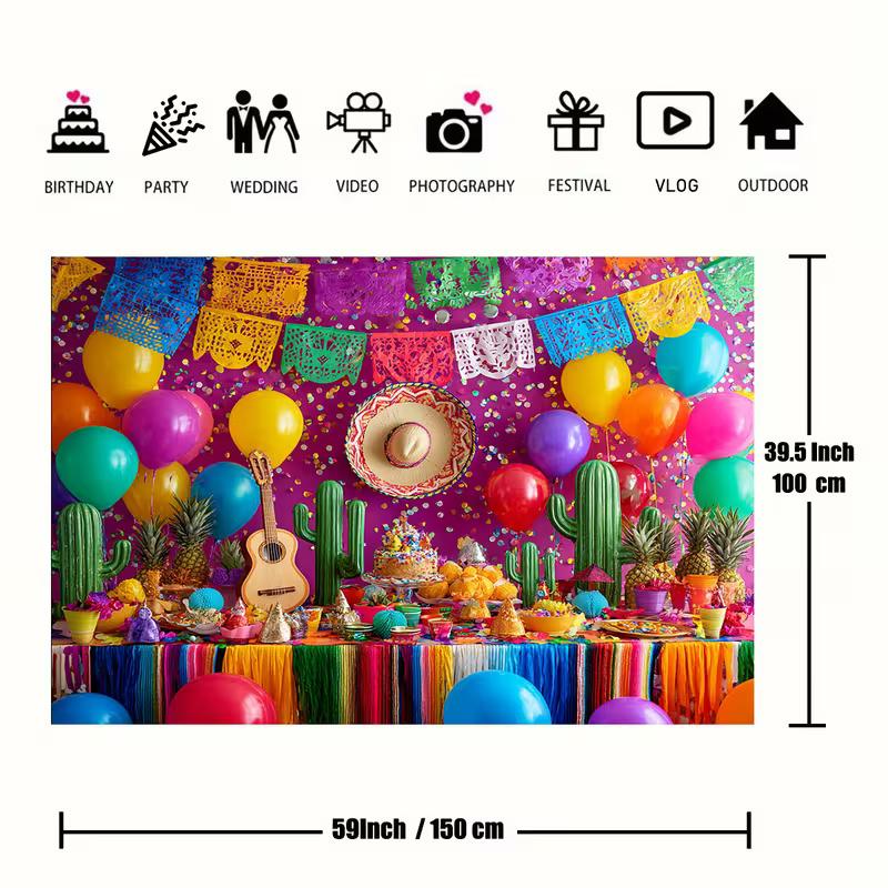 2D Cinco de Mayo Taco Party Backdrop, Colorful Papel Picado Cactus & Balloon Photography Background