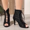 Fashion New Fashion Show Black Net Fabric Cross Strap Sexy High Heel Sandals Woman Shoes Pumps Lace-up Peep Toe Sandals Casual Mesh