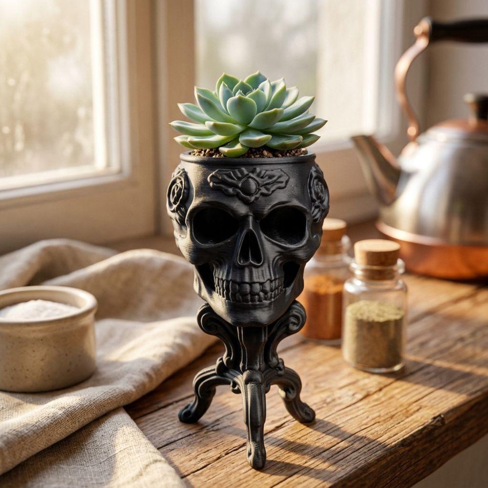 3D Printed Skull-Shaped Table Vase Gothic Skull Storage Pot Figurine Indoor Home Decor