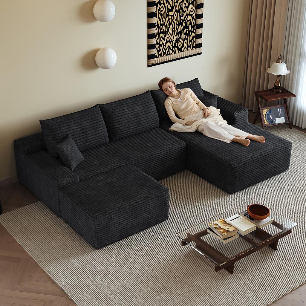 270cm Boneless Modular Corner Sofa, with L-Shaped Chaise Longue, with Deep Seat, No Assembly Required, Sofa for Living Room, Bedroom, Apartment, Black