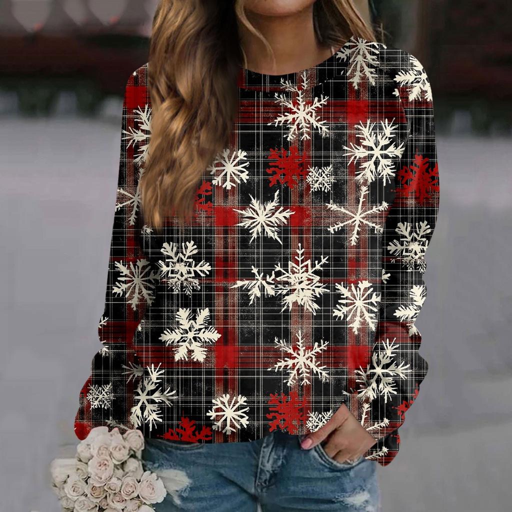 Женский повседневный модный рождественский принт с длинным рукавом и круглым вырезом, пуловер, топ