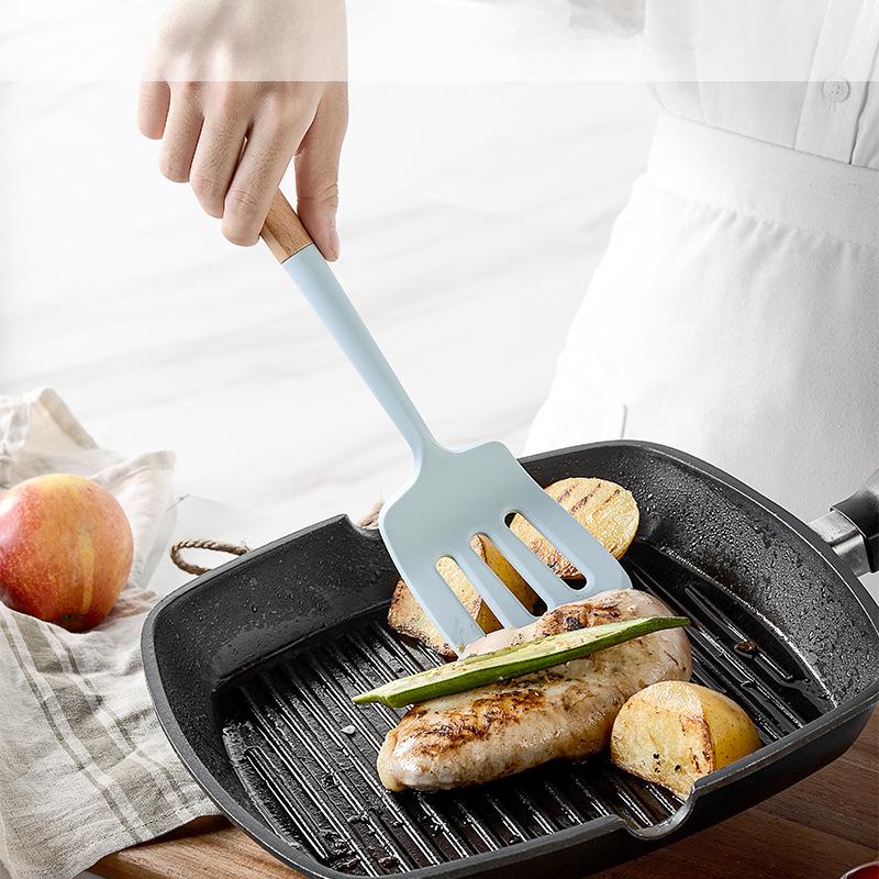 Силиконовая кухонная утварь Лопатка с антипригарным покрытием Посуда с деревянной ручкой и ящиком для хранения Половник Венчики для взбивания яиц Лопатка для супа