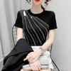Summer New Hollow Out Heavy Industry Hot Dip Diamond Design Sense Round Neck Short Sleeve T-shirt Women's Fashion Slim Thin Top