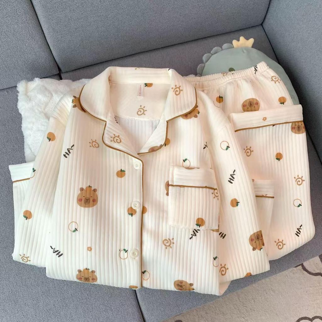 «Женский комплект пижамы TikTok осень/зима: Милый, теплый хлопковый комплект из двух частей для домашнего ношения.