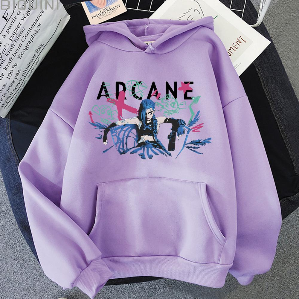 Горячая аниме-толстовка Arcane с капюшоном Arcane Jinx с графическим принтом, толстовки с длинным рукавом, унисекс, уличный свитер