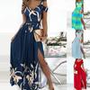 Summer V Neck Print Cold Shoulder High Slit Maxi Dress Elegant Long Evening Sexy Party Dress