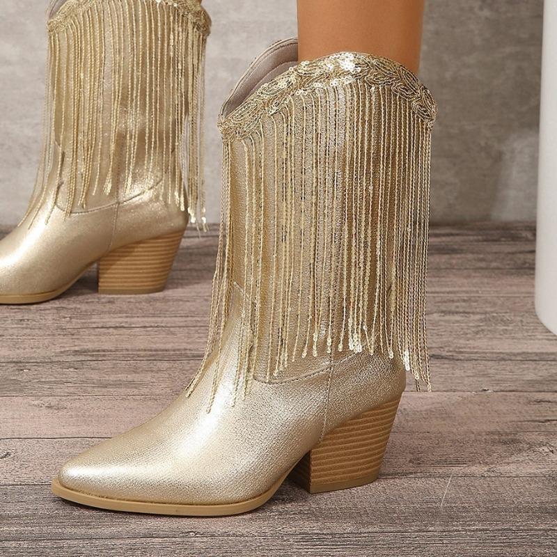 Новые классические женские винтажные ковбойские сапоги с золотой бахромой для женщин, туфли на квадратном каблуке, концертные вестерн-сапоги для женщин