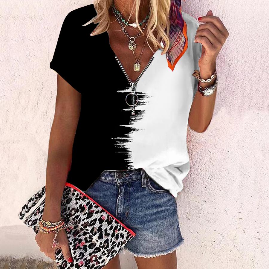 Женский топ, летняя новая мода, повседневный топ с короткими рукавами и застежкой-молнией с монтажом и принтом розы