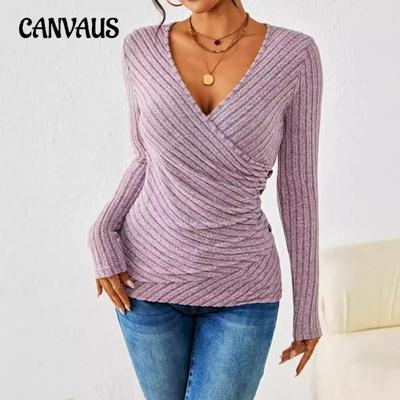 Женские новые весенние и осенние однотонные повседневные топы с V-образным вырезом и длинными рукавами