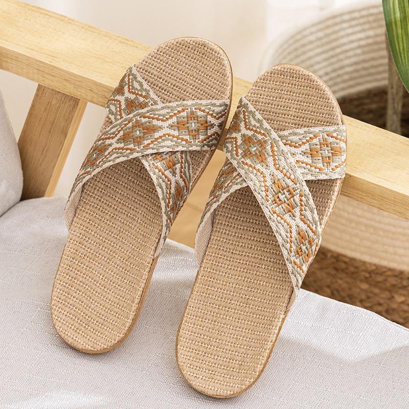 Летние ретро-модные женские нескользящие льняные тапочки