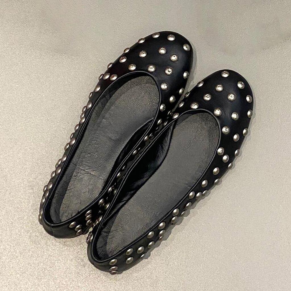 Версия из овчины~ Французские нишевые ретро балетки с заклепками кожаные с круглым носком на плоской подошве Мэри Джейн с мелким вырезом одинарные туфли женские
