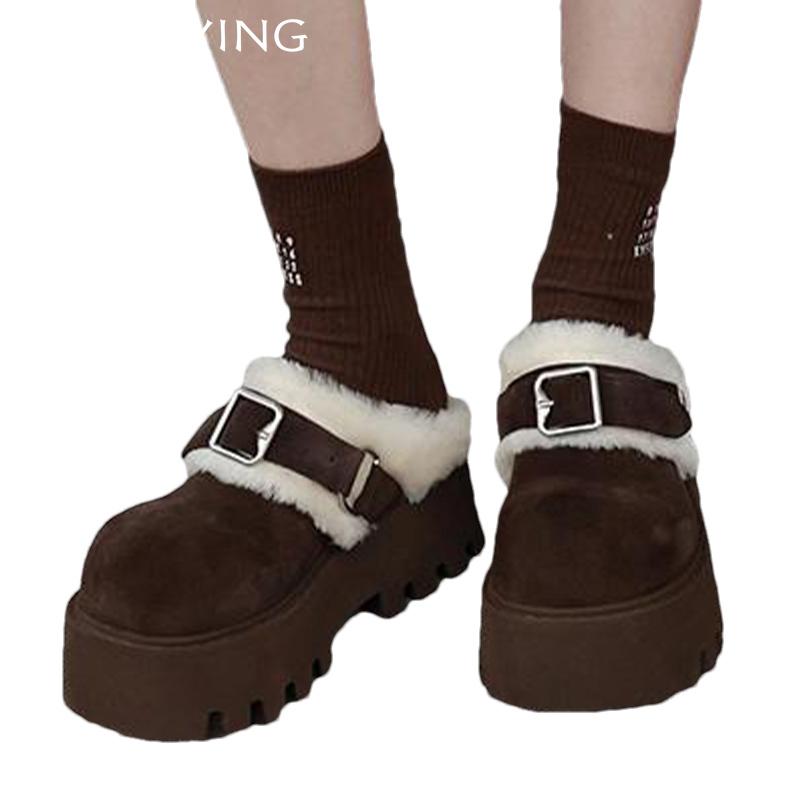 Fur Platform Women Cotton Slippers Suede Short Plush High Heels Mules Shoes 2025 Trend Warm Casual Buckle Winter Botas De Mujer