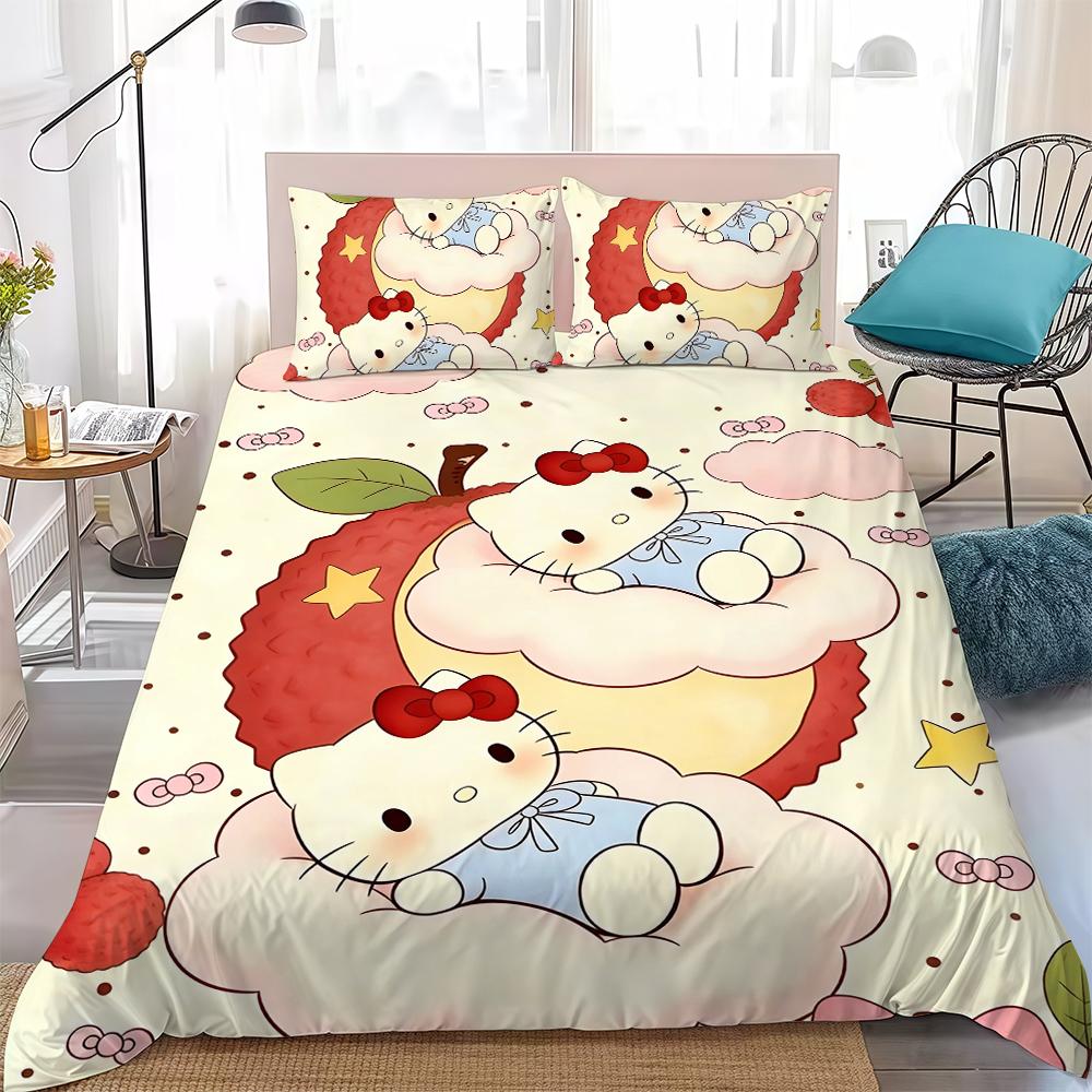 Милый набор пододеяльников Hello K-Kitty Домашний стиль Постельное белье Мягкий Стирка Хлопок Кровать Комплект из 3 предметов Студенческое общежитие Подарок
