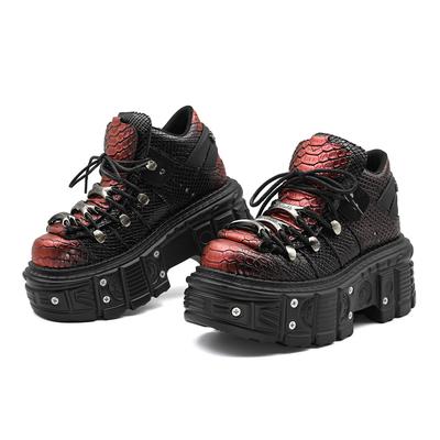 Летние панк ботинки на платформе женские высокие с принтом змеи на массивном каблуке красные