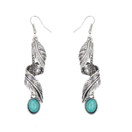 1 пара женских висячих ретро закрученных антиаллергенных серег в богемном стиле в форме перьев с гальваническим покрытием из искусственного камня