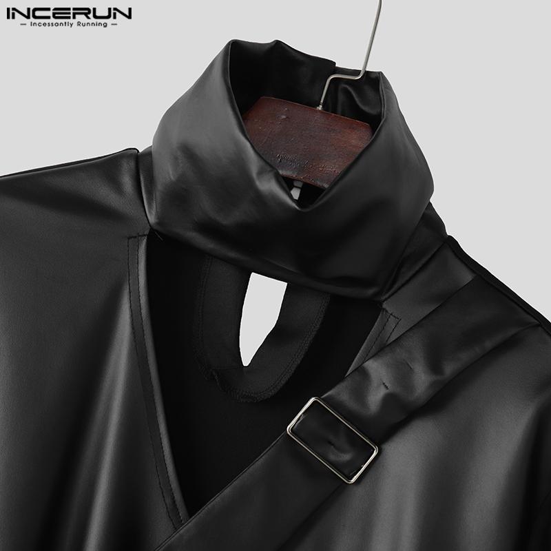 INCERUN Мужские топы из искусственной кожи с высоким вырезом и длинными рукавами спереди и сзади в стиле пэчворк