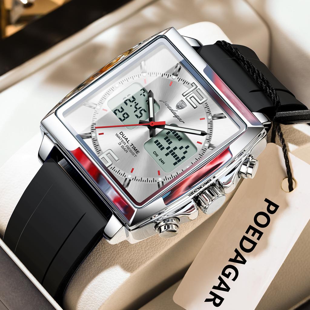 POEDAGAR Luxury Top Man Watch Electronic Square LED Alarm Chronograph Watches Week Date Dual Time Display Quartz Clock