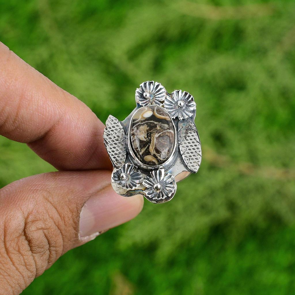 Natural Turritella Agate Promise Flower Adjustable Ring 925 Silver For Women