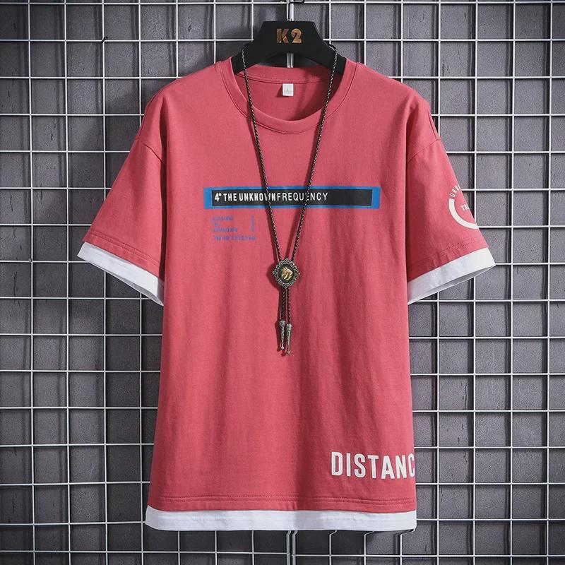 Летняя мужская модная футболка свободного кроя с коротким рукавом «два в одном» 2020 года