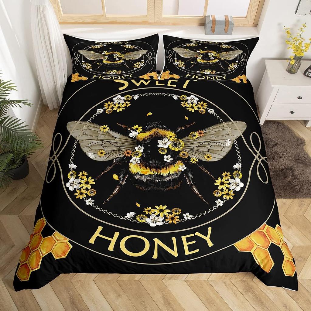 Bee Duvet Cover Twin Honeybee Bedding Set Farmhouse Wild Animal Comforter Cover Boho White Daisy Flowers Floral Wreath Bed Set